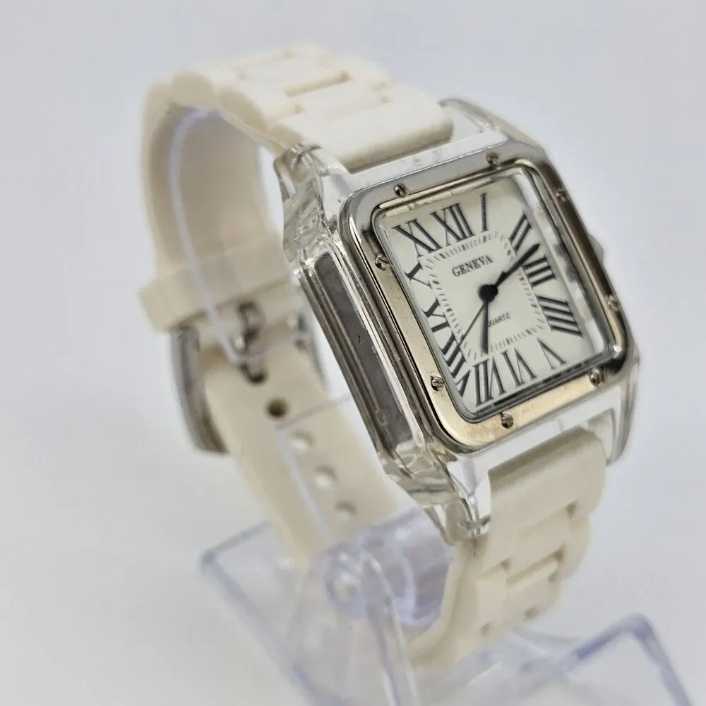 35MM Women's Square Watch White‎ Dial White Plastic Bands New Battery